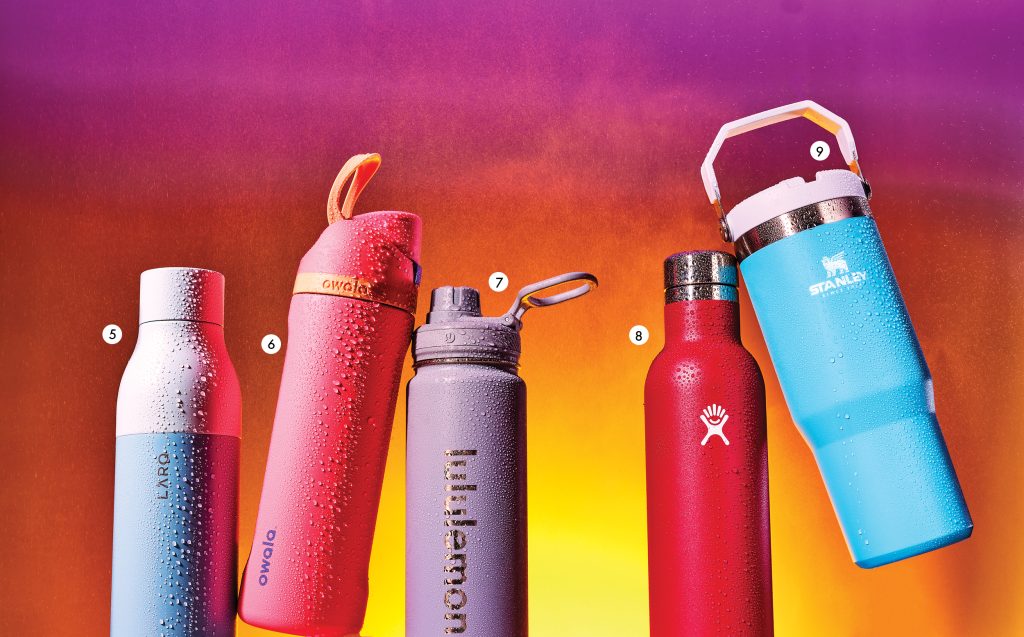 InPickleball | From left, Larq’s Bottle PureVis, Owala’s FreeSip Bottle, Lululemon’s Back to Life Sport Bottle, Hydro Flask’s Wine Bottle, and Stanley’s IceFlow Flip Straw Tumbler