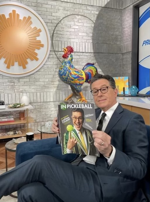 Stephen Colbert reading InPickleball magazine issue 9